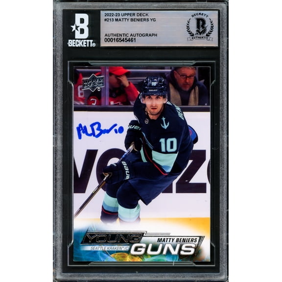 Matty Beniers Autographed 2022 Upper Deck Young Guns Rookie Card #213 Seattle Kraken Beckett BAS #16545461
