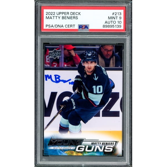 Matty Beniers Autographed 2022 Upper Deck Young Guns Rookie Card #213 Seattle Kraken PSA 9 Auto Grade Gem Mint 10 PSA/DNA Stock #234500