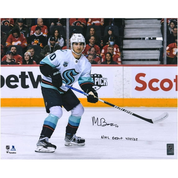 Matty Beniers Seattle Kraken Autographed 16" x 20" NHL Debut Photograph with "NHL Debut 4/12/22" Inscription - Fanatics Authentic Certified