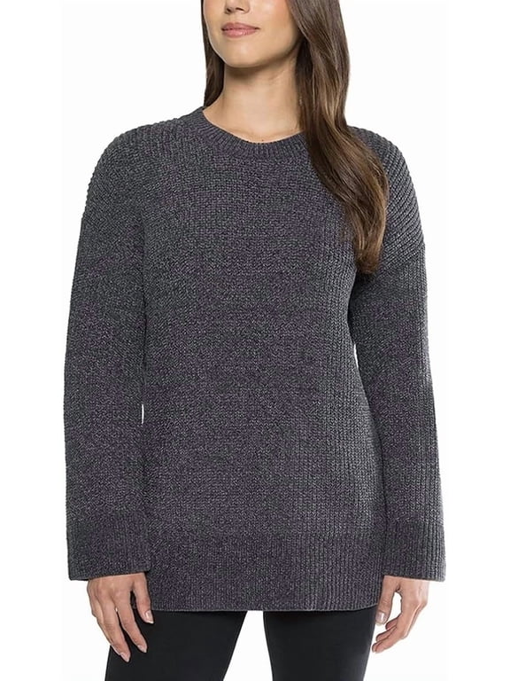 Ladies' Chenille Tunic Sweater, Crewneck, Ribbed Cuffs and Hem, Wide Sleeves, Gray, Large