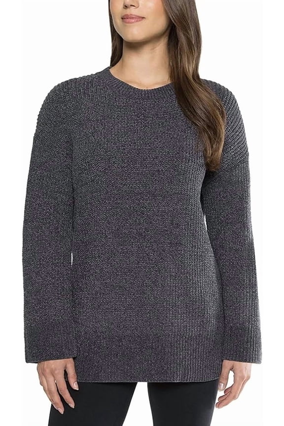 Ladies' Chenille Tunic Sweater, Crewneck, Ribbed Cuffs and Hem, Wide Sleeves, Gray, Large