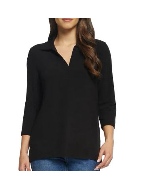 Ladies' Collared 3/4 Sleeve Top, Black XL