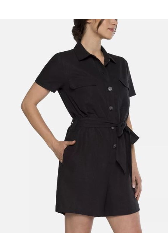 Women's Linen Blend Belted Button Front Romper (Black, XXL)