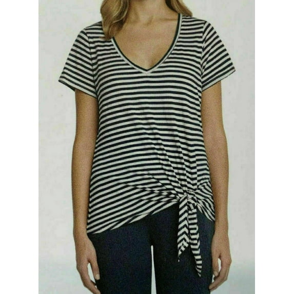 Matty M Ladies' Tie Front V-Neck Top (Indigo Stripe, Medium)