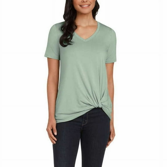 Matty M Ladies' Twist Knot Top Short Sleeve V-Neck Stretch Knit Fabric