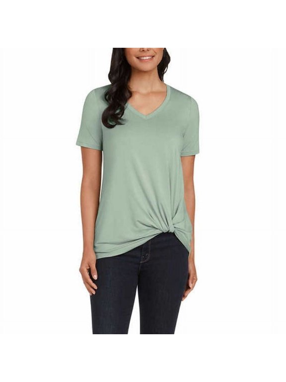 Ladies' Twist Knot Top Short Sleeve V-Neck Stretch Knit Fabric