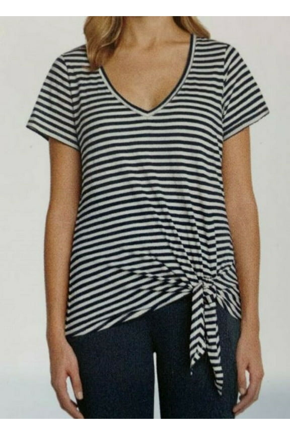 Ladies' V-Neck S/S Tie Shirt Indigo-Stripe Small
