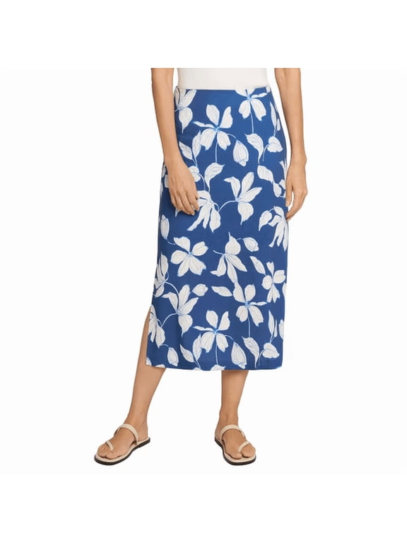 Linen Blend Skirt, Blue with White Floral Pattern