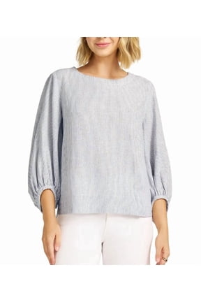 Linen Blend Striped Balloon Sleeve Keyhole Back Top, Women's