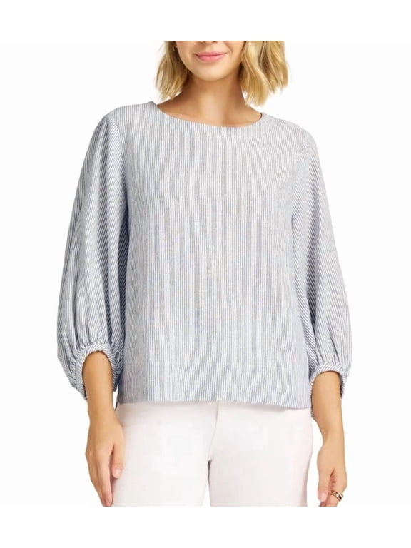 Linen Blend Striped Balloon Sleeve Keyhole Back Top, Women's