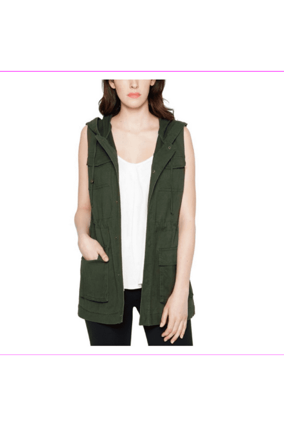Women Adjustable Waist 2-front Pockets Hooded Utility Vest L/Olive