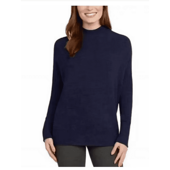 Matty M Women's Mock Neck Ribbed Tunic Top Sweater (Navy, Medium)