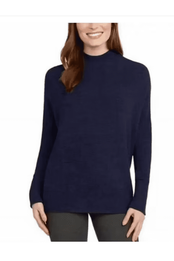Women's Mock Neck Ribbed Tunic Top Sweater (Navy, Medium)