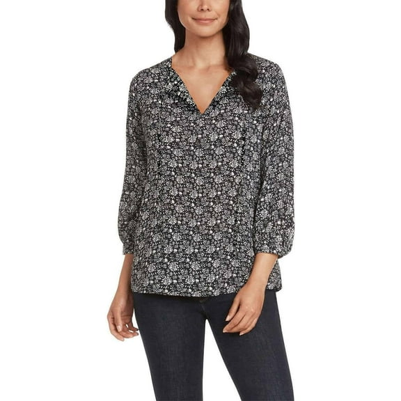 Matty M Women's 3/4 Sleeve Tie Front Top (Black Floral, Medium)