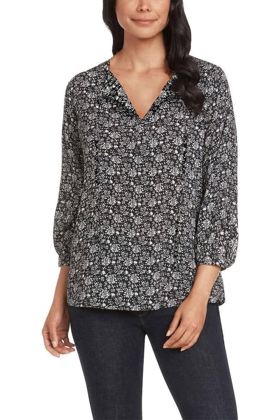 Women's 3/4 Sleeve Tie Front Top (Black Floral, Medium)