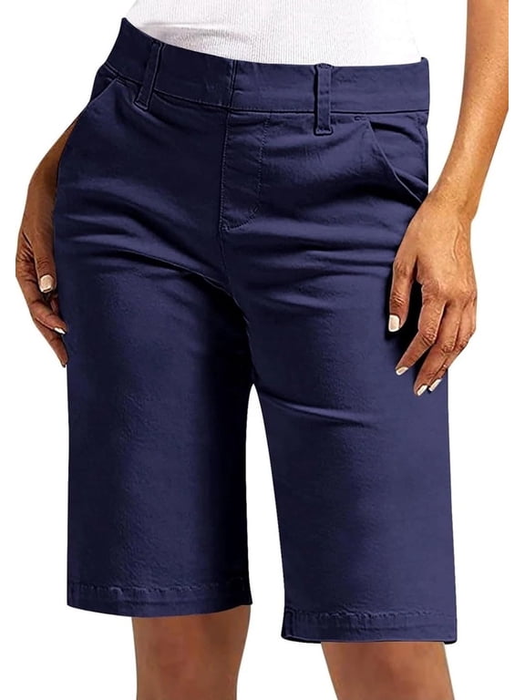 Womens Bermuda Shorts - Stretch Casual Knee Length Shorts with Pockets for Summer (US, Alpha, Small, Regular, Regular, Navy)