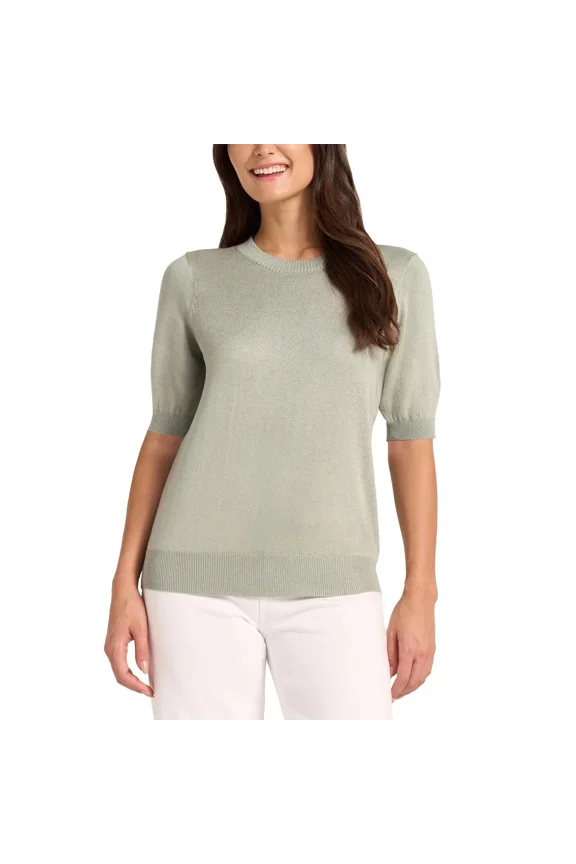Women's Crew Neck Wool Short Sleeve Sweater Top Sage S