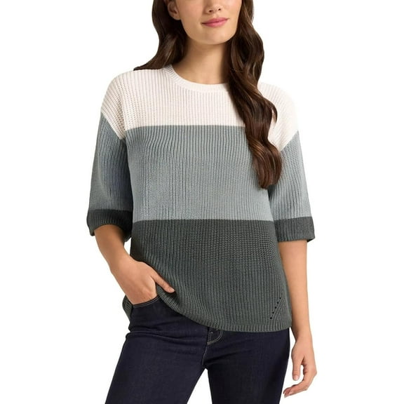 Matty M Women's Elbow Sleeve Colorblock Sweater - Elbow Length Wide Sleeves - Drop Shoulder (Taupe/Large)