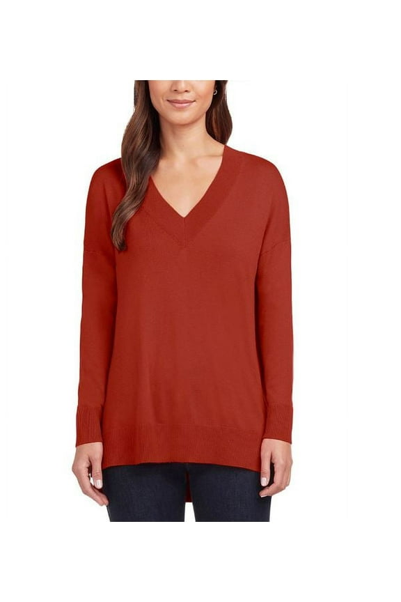 Women's L/S V-Neck Side Slits Tunic Pullover Sweater Brick Small NWT