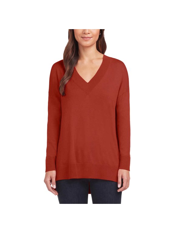 Women's Lightweight Knit V-Neck Tunic Length Sweater-Orange / XL