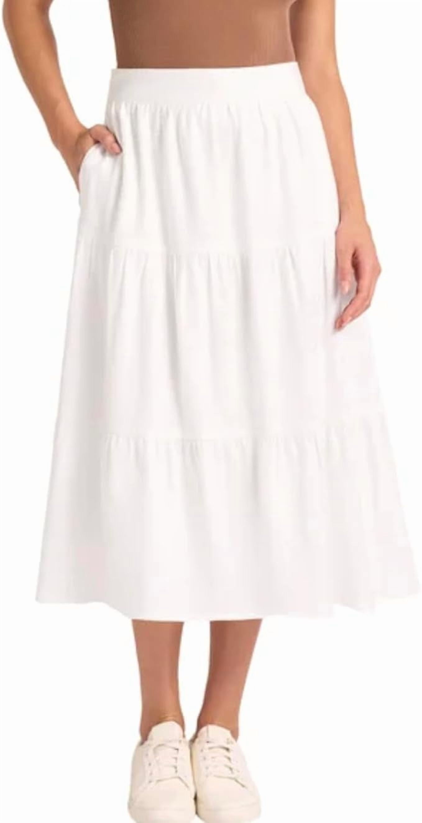Matty M Women's Linen Blend Midi Skirt with Pockets (White,X-Large