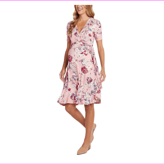 Matty M Women's Maternity Mid-Length Tie Waist Soft Stretch Knit Dress S/Petal