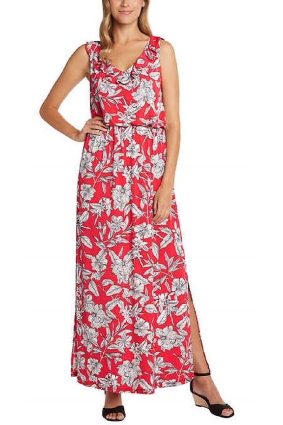 Matty M Women's Ruffle Front Maxi Dress (Floral Red, Small)
