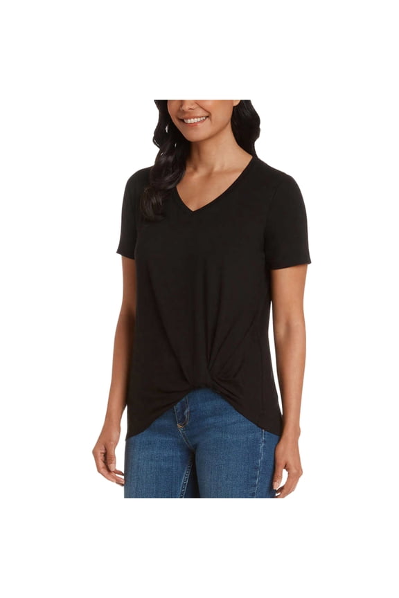 Women's Twist Knot V-Neck Top Relaxed Fit T-shirt-Black / XXL