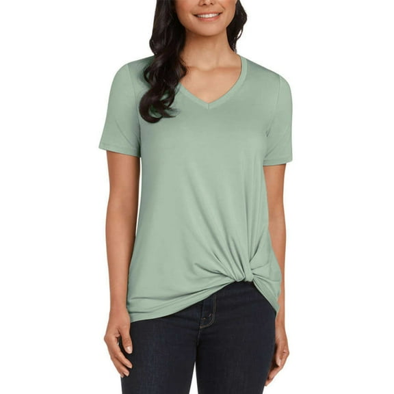 Matty M Women's Twist Knot V-Neck Top Relaxed Fit T-shirt-Green / XXL