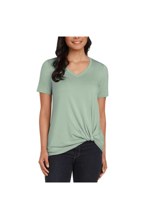 Women's Twist Knot V-Neck Top Relaxed Fit T-shirt-Green / XXL