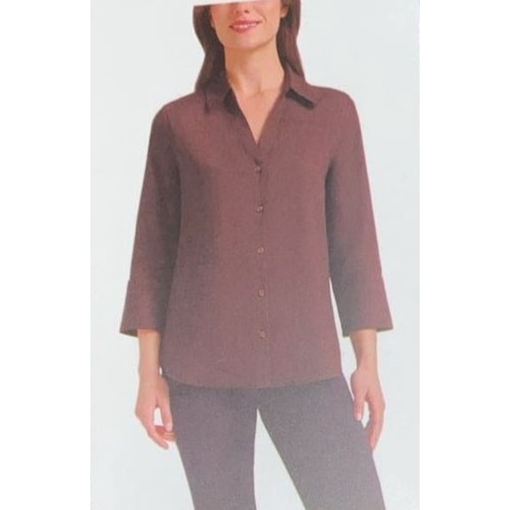 Matty M Women's V-Neck Collar Button-Up 3/4 Sleeve Shirt, Chocolate Size M