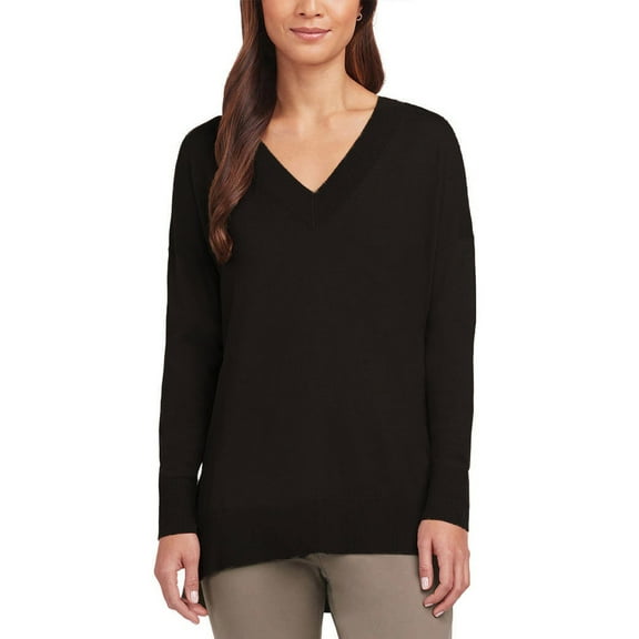 Matty M Women's V Neck Pullover Sweater with Side Slits (Black, Small)
