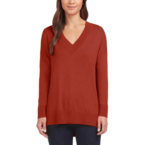 Matty M Women's Lightweight Knit V-Neck Tunic Length Sweater-Orange / M
