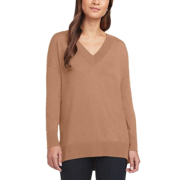 Matty M Women's V Neck Pullover Sweater with Side Slits (Camel, XS)