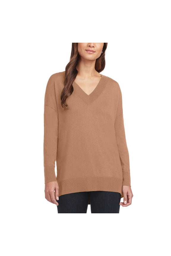 Women's V Neck Pullover Sweater with Side Slits (Camel, XS)