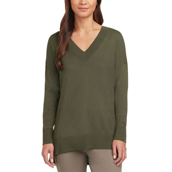 Matty M Women's V Neck Pullover Sweater with Side Slits (Olive, Small)