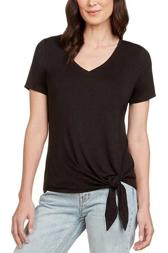 Women's V-Neck Side Tie Tee (Black, Small)
