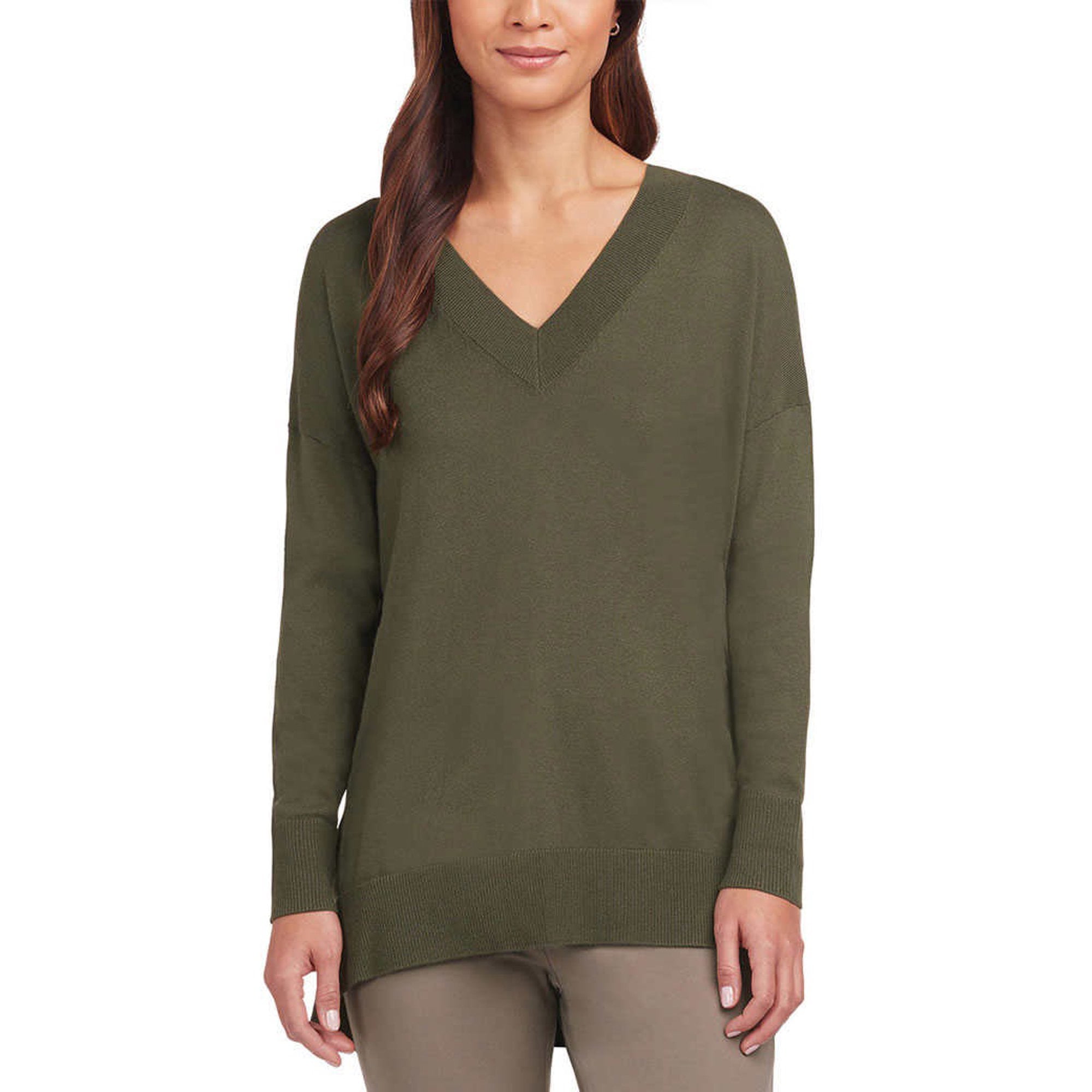 Matty M Women s V Neck Sweater with Side Slits Olive Medium Walmart