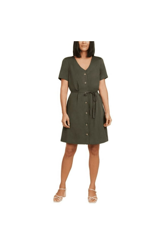 Womens Belted Linen Blend Casual Dress, Olive, Large
