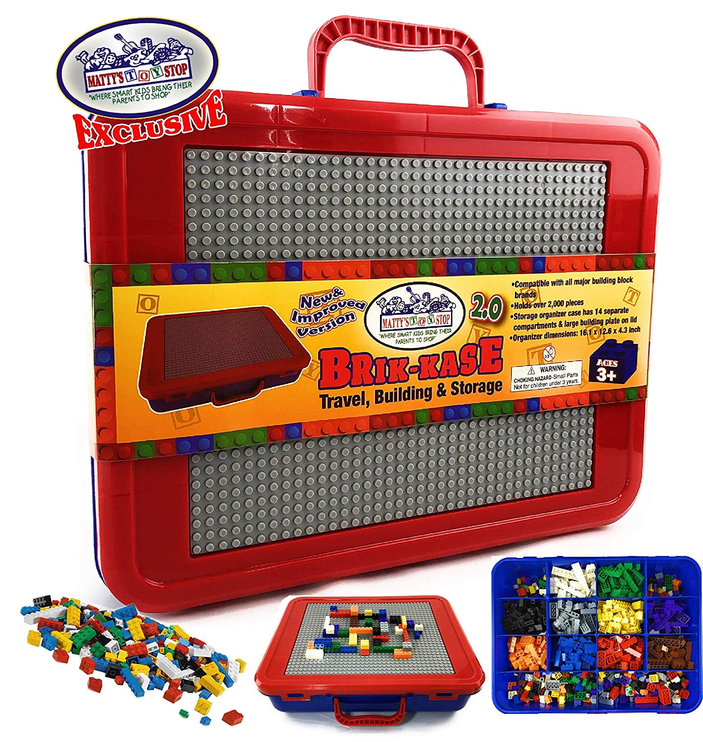 Matty's Toy Stop Brik-Kase 2.0 Travel, Building, Storage & Organizer Container Case with Building Plate Lid (Holds Approx 2000pcs) - Compatible with All Major Brands (Blue, Red & Gray) New Improved