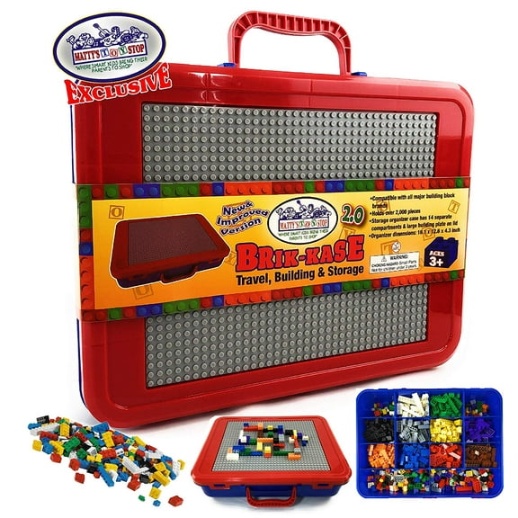 Matty's Toy Stop Brik-Kase 2.0 Travel, Building, Storage & Organizer Container Case with Building Plate Lid (Holds Approx 2000pcs) - Compatible with All Major Brands (Blue, Red & Gray) New Improved