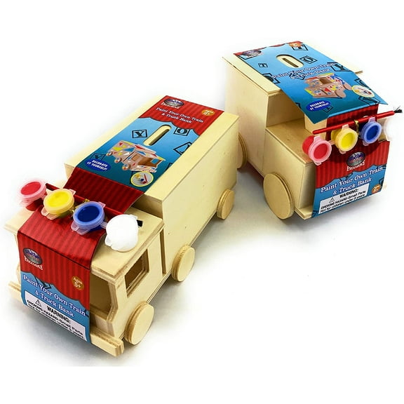 Matty's Toy Stop Design & Paint Your Own Wooden Train & Truck Banks (Each Includes 4 Paints & 1 Brush) Gift Set Bundle - 2 Pack