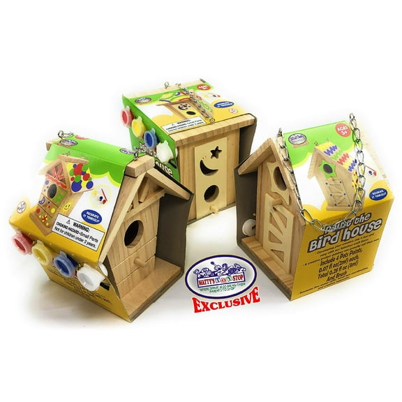 Matty's Toy Stop Paint Your Own Small Wooden Birdhouses (Includes Paints & Brushes) Gift Set Bundle - 3 Pack (3 Included)