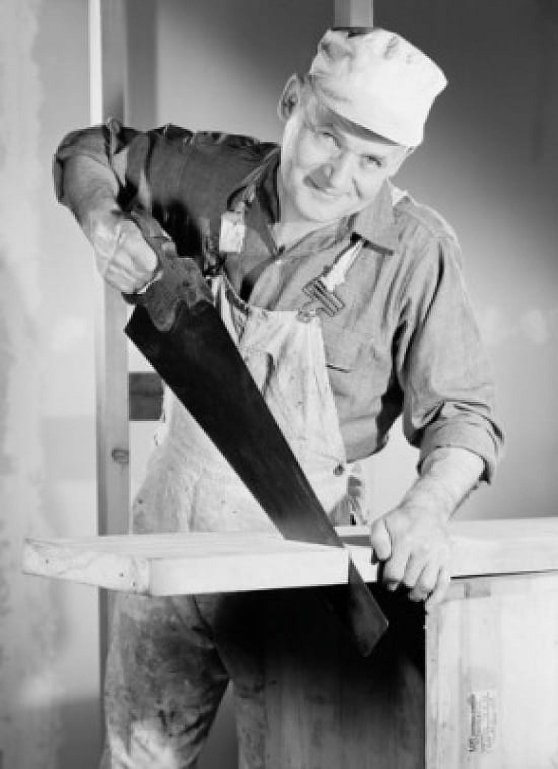 Mature carpenter sawing plank Canvas Art -  (18 x 24)
