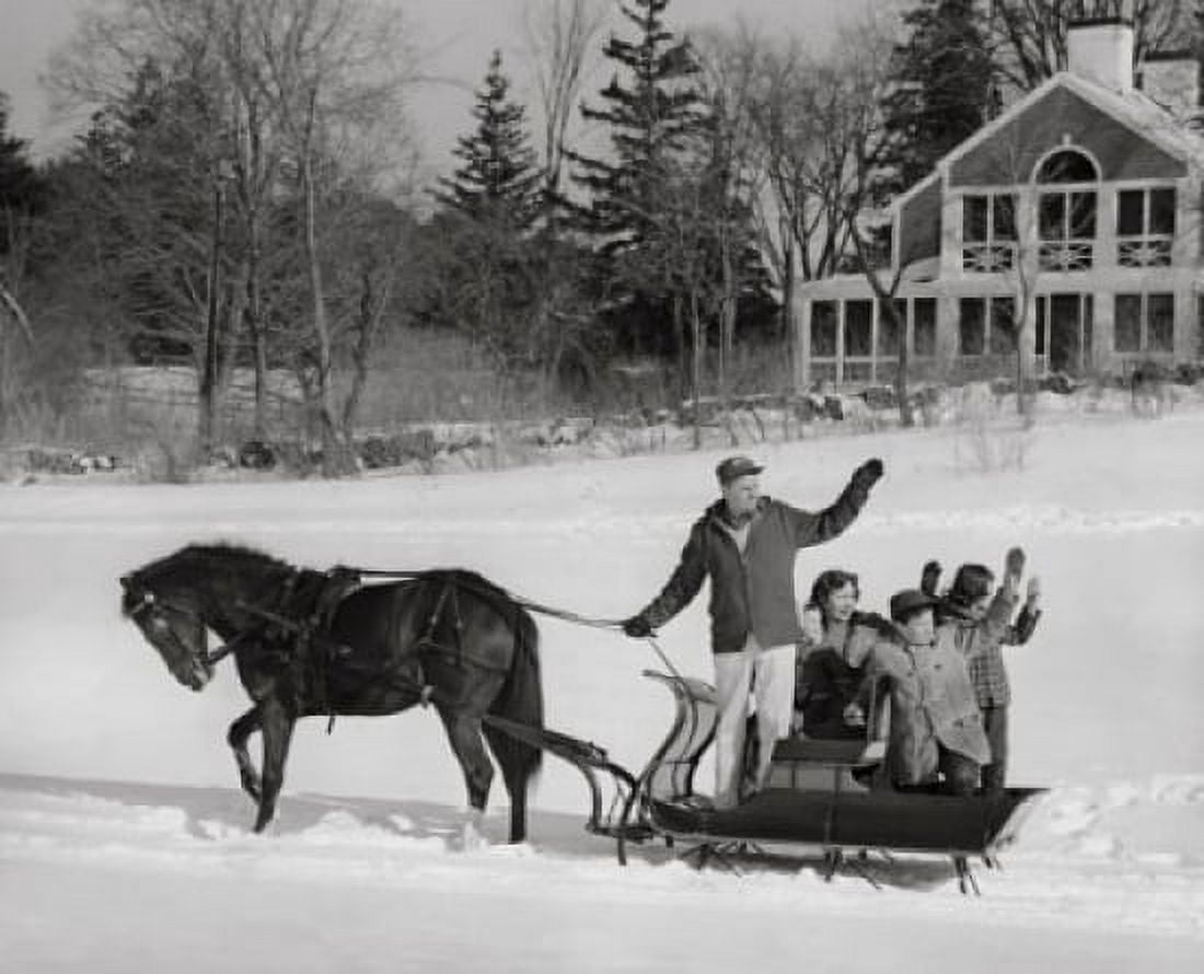 Mature couple with their children riding in a horsedrawn sleigh and waving their hands Canvas Art - (24 x 36)