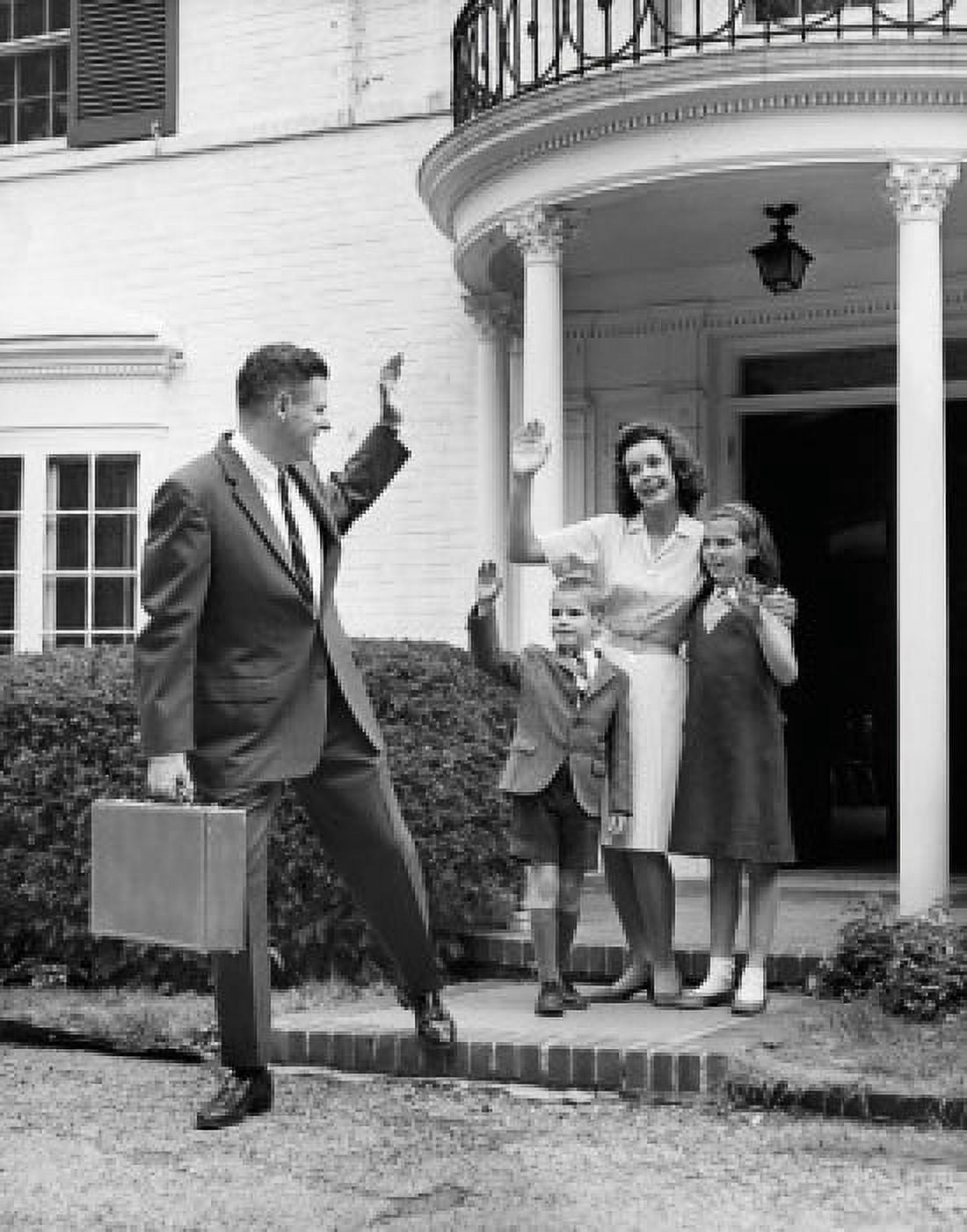 Mature man waving at his wife and two children Canvas Art - (24 x 36)