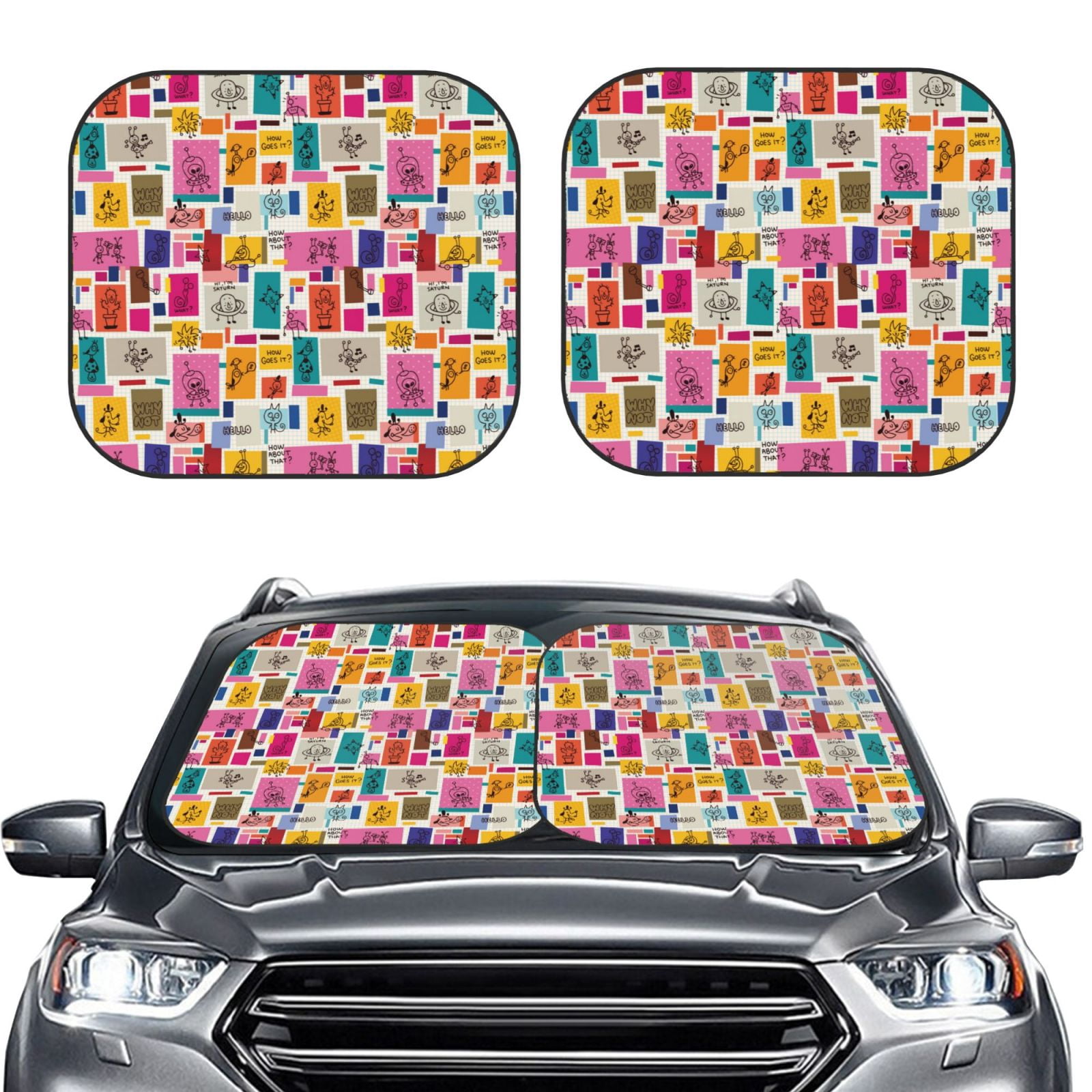 Matuu Cute Doodles Print 2 Piece Car Windshield Sun Shade Foldable | Front Windshield Shade for ...