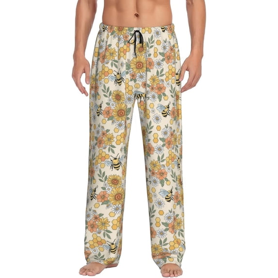 Matuu Hippie Bee Honeycomb for Men's long straight-leg pajama pants, elastic waistband casual pants (with pockets) Large