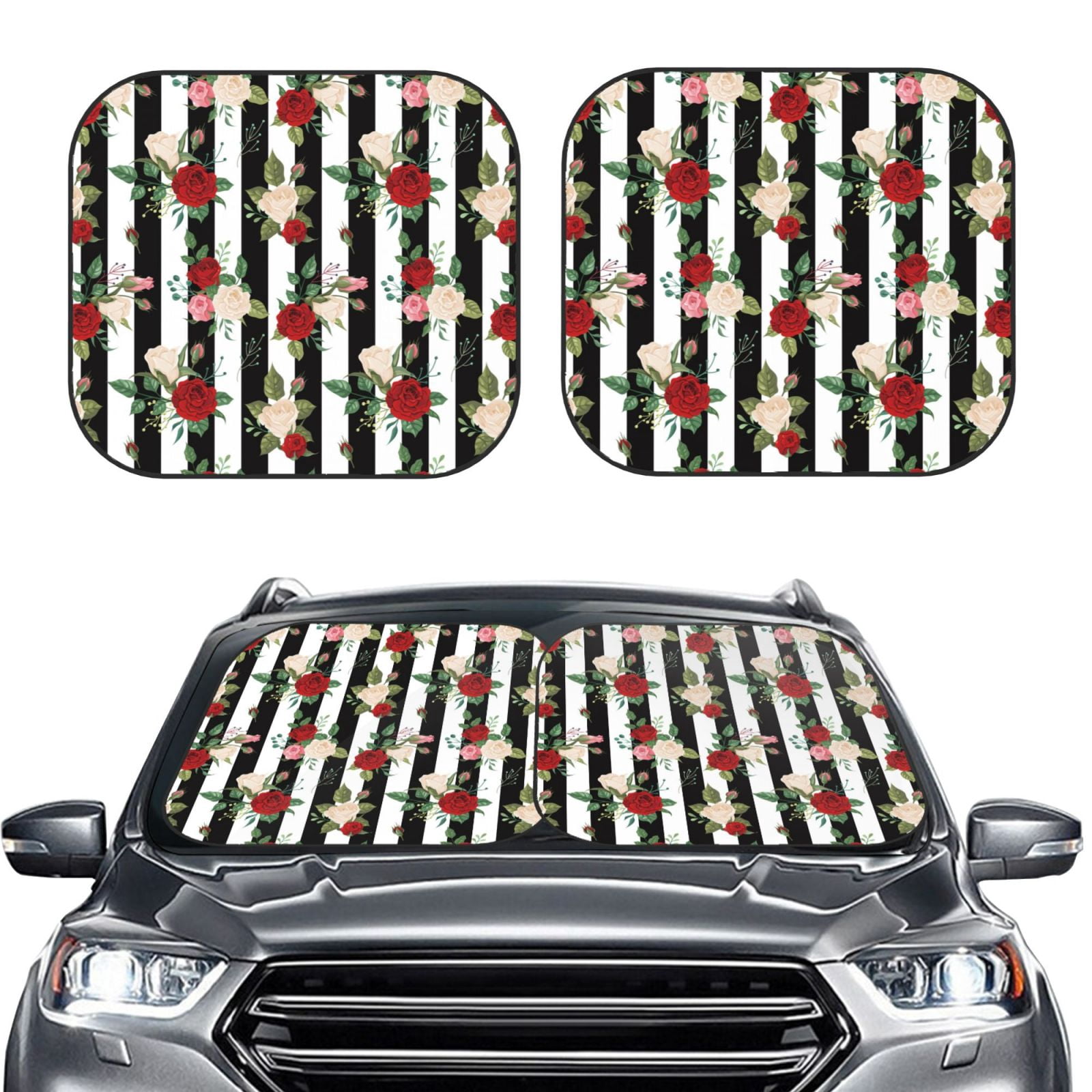 Matuu Rose Flowers Print 2 Piece Car Windshield Sun Shade Foldable | Front Windshield Shade for ...