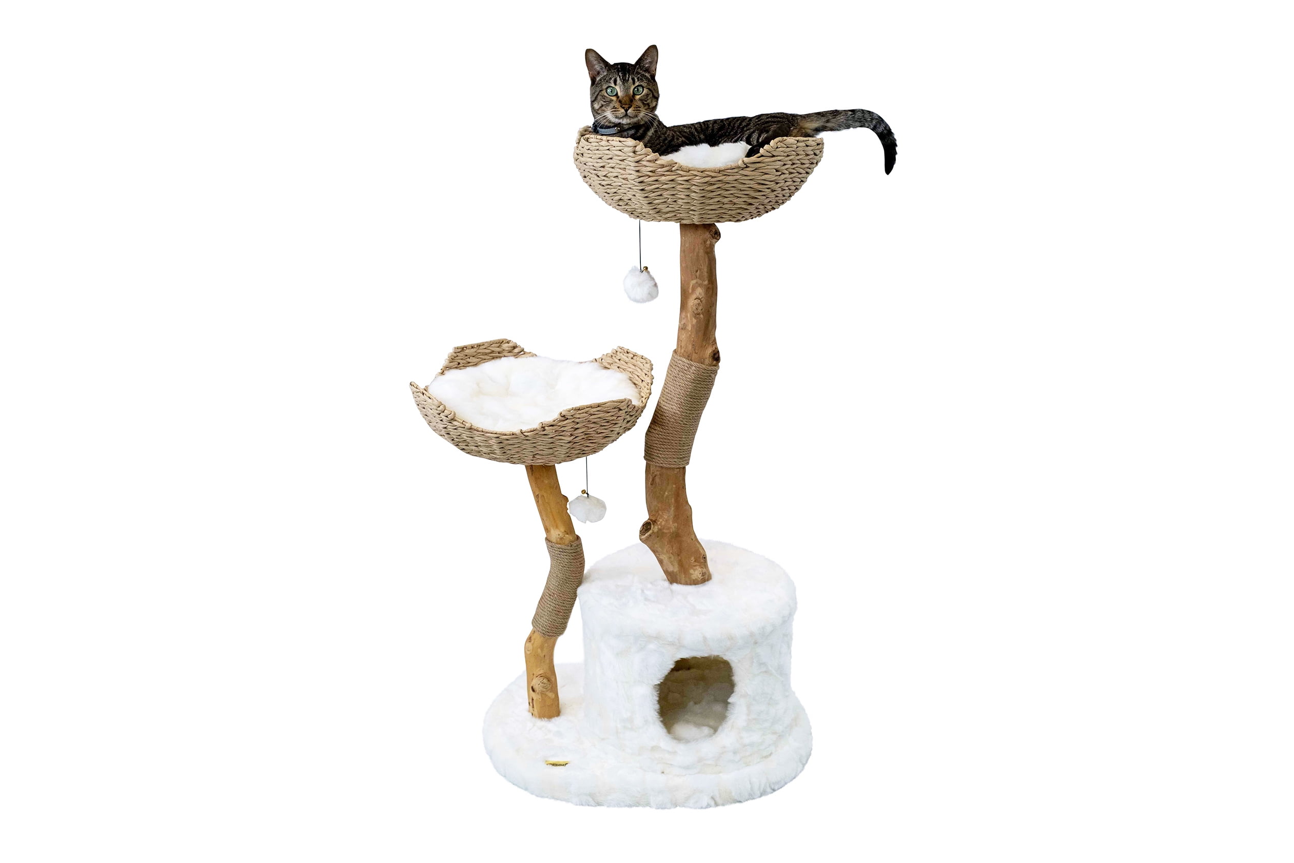 Cento 46" White and Natural Wood Cat Tree with Woven Baskets